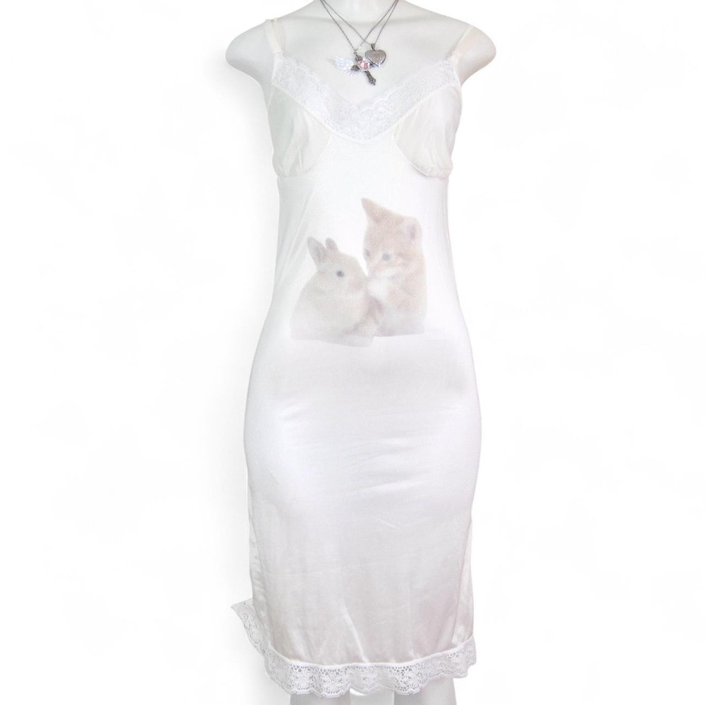 y2k white bunny kitten graphic lace trim mini slip dress coquette